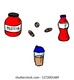 Set of sport supplements. Isolated objects on a white background. Vector cartoon sketches. Hand-drawn style.