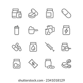 Set of sport supplements related icons, vitamin, nutrition, energy, protein, full stack supplements and linear variety vectors.
