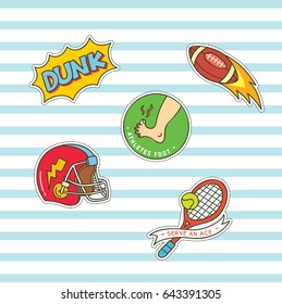 Set of sport theme fashion patches on stripe background