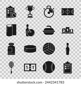 Set Sport training program, Bowling pin, Award over sports winner podium, Stopwatch, and ball, Fitness mat roll, Checklist clipboard tennis and Stone for curling game icon. Vector