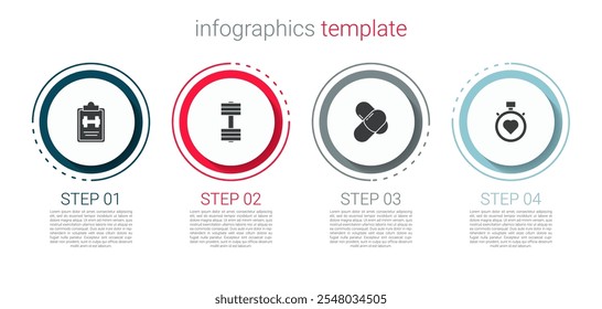 Set Sport training program, Dumbbell, Sports nutrition and Heart the center stopwatch. Business infographic template. Vector