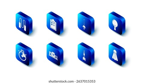 Set Sport training program, Fencing, Racket for playing table tennis, Badminton shuttlecock, Dart arrow, Award over sports winner podium, Stopwatch and Jump rope icon. Vector
