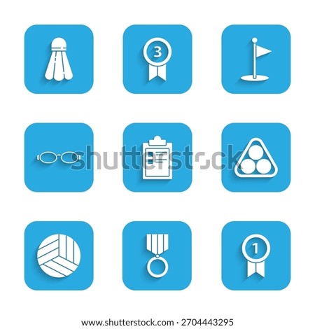Set Sport training program, Medal, Billiard balls rack triangle, Volleyball, Glasses for swimming, Golf flag and Badminton shuttlecock icon. Vector