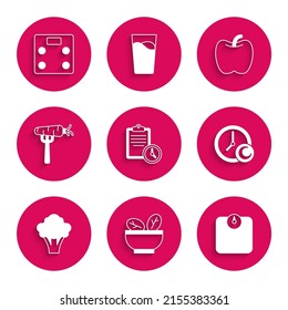 Set Sport training program, Salad bowl, Bathroom scales, Time to sleep, Broccoli, Carrot on fork, Apple and  icon. Vector
