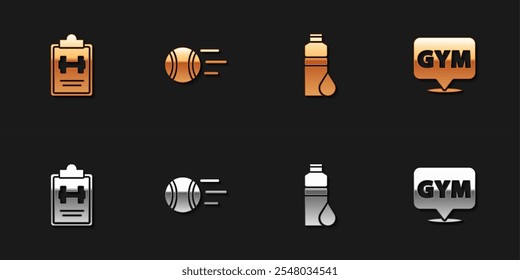 Set Sport training program, Tennis ball, Fitness shaker and Location gym icon. Vector