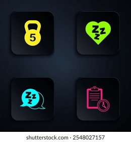 Set Sport training program, Weight, Sleepy and . Black square button. Vector