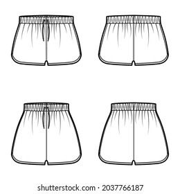 
Set of Sport training shorts Activewear technical fashion illustration with high low waist, rise, drawstrings, Flowy Split Hem. Flat bottom apparel template front, back white color. Women men CAD
