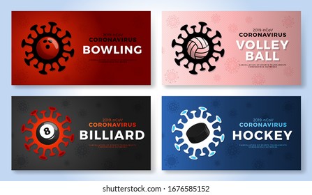 Set von Sport Vektorillustration Banner Vorsicht Koronavirus. Bowling, Volleyball, Hockey, Billard Stopp covid-19 Ausbruch. Stornierung des Konzepts für Sportveranstaltungen und Spiele
