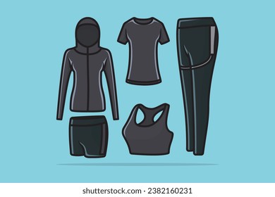 Set Of Sport Wear Collection vector illustration. Sports and Fashion objects icon concept. Gym clothing or athletic apparel with sports trouser, shirt, bra, underwear and hoodie vector design.