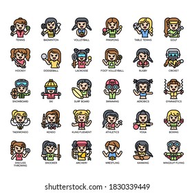 Set of sport woman thin line and pixel perfect icons for any web and app project. 