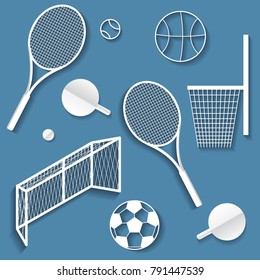 Set of sporting elements. Paper art. Isolated image in vector
