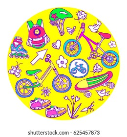 Set of sporting goods for kids. Vector illustration. Symbol in circle. Scooter, rollers, skate, bicycle, backpack, helmet, flower, bird, ant, arrow, road sign. Summer children's holiday