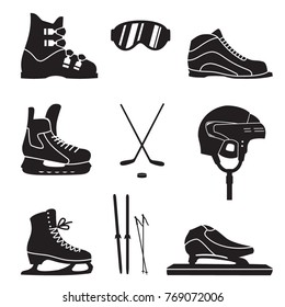 set of sporting icons, skates, ski boots, skis, hockey helmet, ski goggles, vector illustration