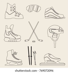 set of sporting icons, skates, ski boots, skis, hockey helmet, ski goggles, vector illustration
