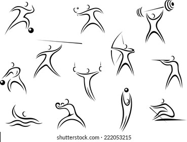 Set of sporting sketch line drawing icons depicting men in action in a wide variety of sports in black and white