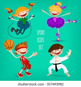 Set of sportive kids.  Karate, basketball, ballerina, jumping with a rope child. Vector illustration for sports design.