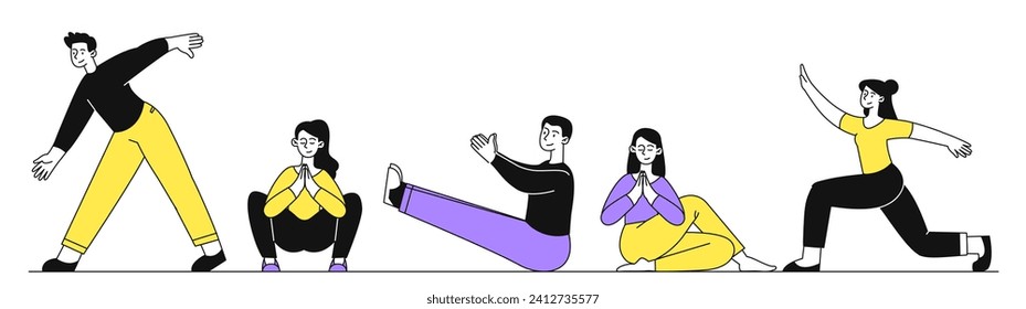 Set of sportive people linear. Men and women with active lifestyle. Workout and fitness, yoga. Strength and flexibility training. Doodle flat vector collection isolated on white background