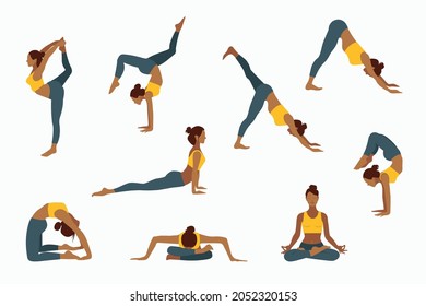 Set of sportive young woman doing yoga, fitness exercises. Healthy lifestyle. Collection of female cartoon characters demonstrating various yoga positions isolated on white background - Vector