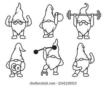 Set of sportmen gnomes. Collection of bodybuilder gnome with sports equipment. Activity hobby. Vector illustration on a white background.  Drawing for children.