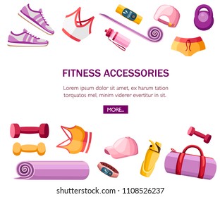 Set of sports accessories and clothes. Women outfits. Orange and pink color collection. Icons for classes in the gym. Vector illustration on white background. Place for text.