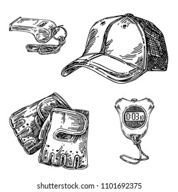 Set of sports accessories. whistle, timer, pair of gloves and cap. Set. Engraving style. Vector illustration.
