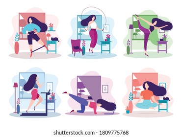 El conjunto de actividades deportivas en casa. Gimnasio y estilo de vida saludable. Chica guapa haciendo meditación en la habitación, balanceo de piernas con banda elástica, corriendo en la cinta de correr. Ilustración vectorial aislada