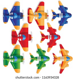 Set of sports airplanes on white background. View from above. Vector illustration.