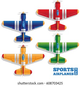 Set of sports airplanes on white background. View from above. Vector illustration.