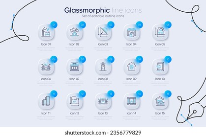 Set of Sports arena, Shop and Electricity factory line icons for web app. Arena stadium, Building, House dimension icons. Garage, Market, Entrance signs. Triangle area. Glassmorphism buttons. Vector