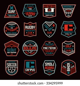 Set of sports badges. Soccer, bowling, baseball, tennis and other. Color print on black background