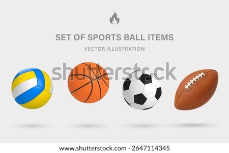 A Set of Sports Ball 3D Vector Items: Volleyball, Basketball, Soccer Ball, American Football