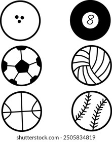 Set of sports ball icons consisting of billiard balls, soccer, volleyball, basketball, and baseball. Simple design with clean lines.