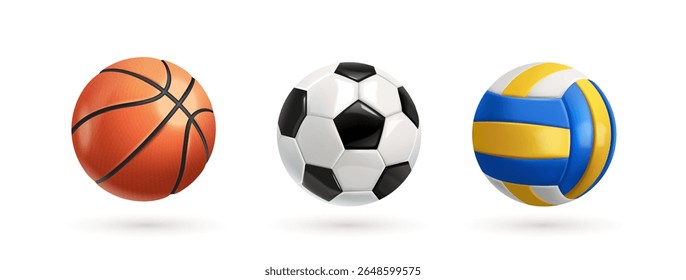 Set of sports balls 3D icons. Mockups or templates of game equipment for basketball, football and volleyball. Different play stuff. Realistic vector illustration collection isolated on background