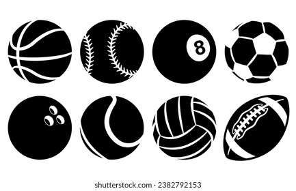 Set von Sportbällen schwarz-weißer Vektorgrafiken. Silhouette-Grafik von American Football und Fußball, Baseball, Basketball, Bowling, Snooker-Volleyball und Tennis.