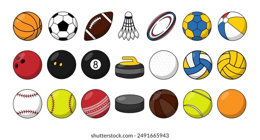 Set of sports balls featuring various types such as soccer, basketball, tennis, baseball, volleyball and so on. Vector collection showcases the diversity of sports, perfect for athletic-themed designs