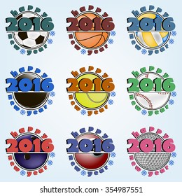 set of sports balls and a Happy New Year 2016
