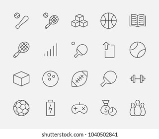 Set of sports balls, hobbies, entertainment vector line icons. It contains symbols of football, basketball, bowling, tennis and much more. Editable move. 32x32 pixels.