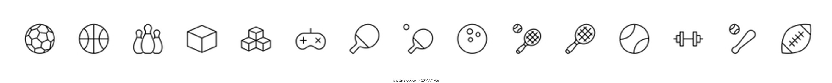 Set of sports balls, hobbies, entertainment vector line icons. It contains symbols of football, basketball, bowling, tennis and much more. Editable move. 32x32 pixels.