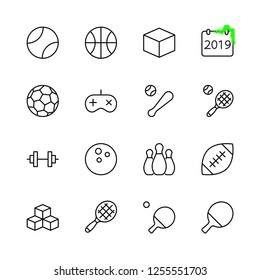 Set of sports balls, hobbies, entertainment vector line icons. It contains symbols of football, basketball, bowling, tennis and much more. Editable move. 32x32 pixels.