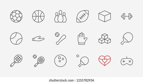 Set Of Sports Balls, Hobbies, Entertainment Vector Line Icons. It Contains Symbols Of Football, Basketball, Bowling, Tennis And Much More. Editable Move. 32x32 Pixels.