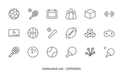 Set of sports balls, hobbies, entertainment vector line icons. It contains symbols of football, basketball, bowling, tennis and much more. Editable move. 32x32 pixels.