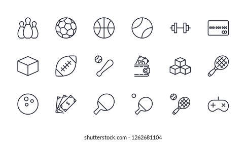 Set of sports balls, hobbies, entertainment vector line icons. It contains symbols of football, basketball, bowling, tennis and much more. Editable move. 32x32 pixels.