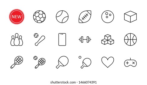 Set of Sports balls, hobbies, entertainment vector line icons. It contains symbols of football, basketball, bowling, tennis and much more. Editable Stroke. 32x32 pixels.