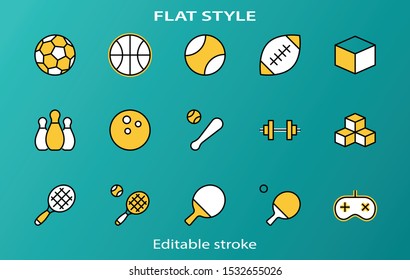 Set of Sports balls, hobbies, entertainment vector line icons. It contains symbols of football, basketball, bowling, tennis and much more. Editable Stroke. 32x32 pixels.