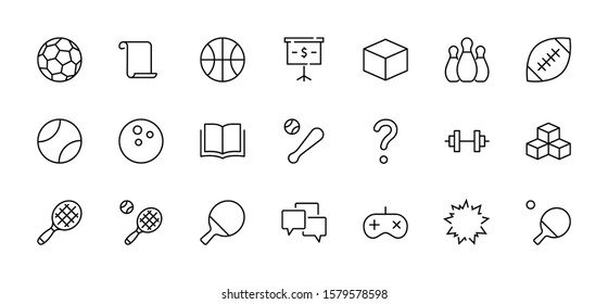Set of Sports balls, hobbies, entertainment vector line icons. It contains symbols of football, basketball, bowling, tennis and much more. Editable Stroke. 32x32 pixels.