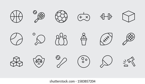 Set of Sports balls, hobbies, entertainment vector line icons. It contains symbols of football, basketball, bowling, tennis and much more. Editable Stroke. 32x32 pixels.