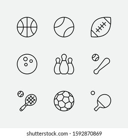 Set of Sports balls, hobbies, entertainment vector line icons. It contains symbols of football, basketball, bowling, tennis and much more. Editable Stroke. 32x32 pixels.