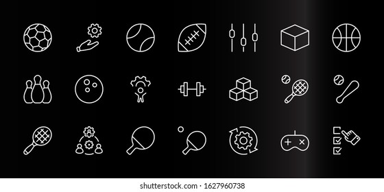 Set of Sports balls, hobbies, entertainment vector line icons. It contains symbols of football, basketball, bowling, tennis and much more. Editable Stroke. 32x32 pixels.