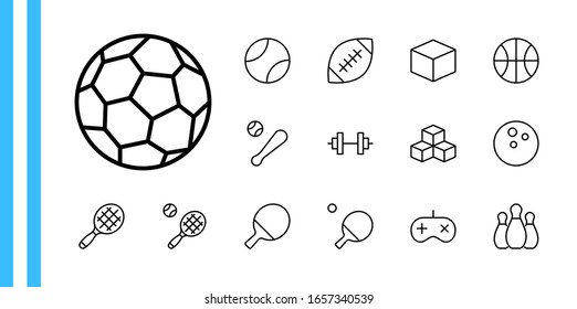 Set of Sports balls, hobbies, entertainment vector line icons. It contains symbols of football, basketball, bowling, tennis and much more. Editable Stroke. 32x32 pixels.