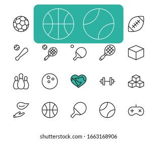 Set of Sports balls, hobbies, entertainment vector line icons. It contains symbols of football, basketball, bowling, tennis and much more. Editable Stroke. 32x32 pixels.